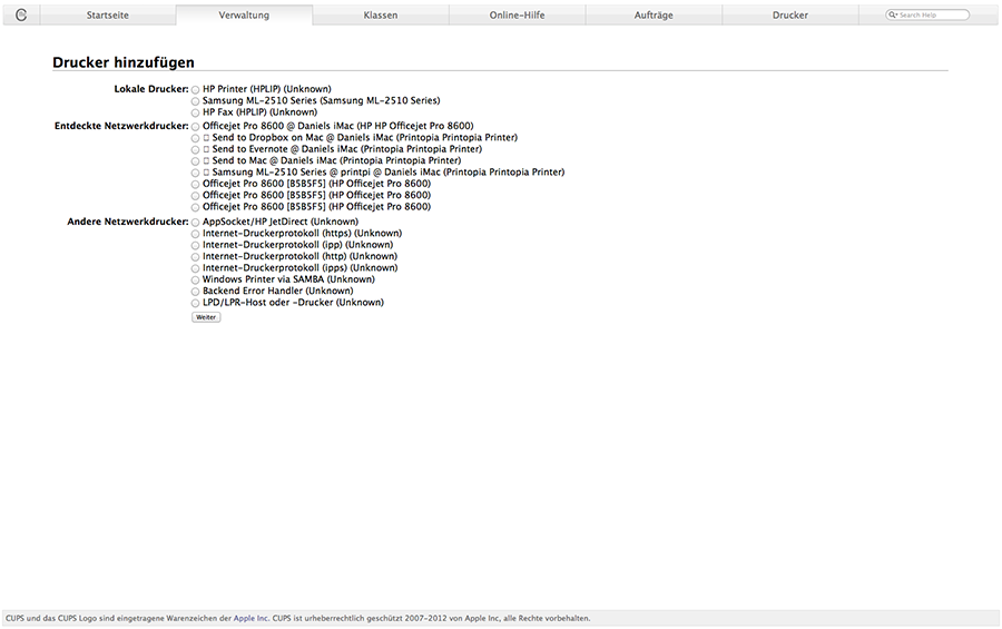 Cups Admin-Interface - Drucker hinzufügen